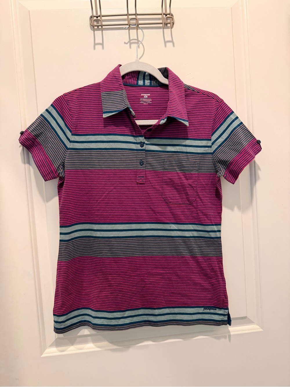 Patagonia Men’s Organic Cotton Striped Polo Shirt
Pink Size Small
